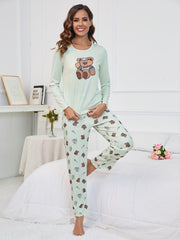 Bear Print Pajama Set Long Sleeve Top & Pants Women's Sleepwear