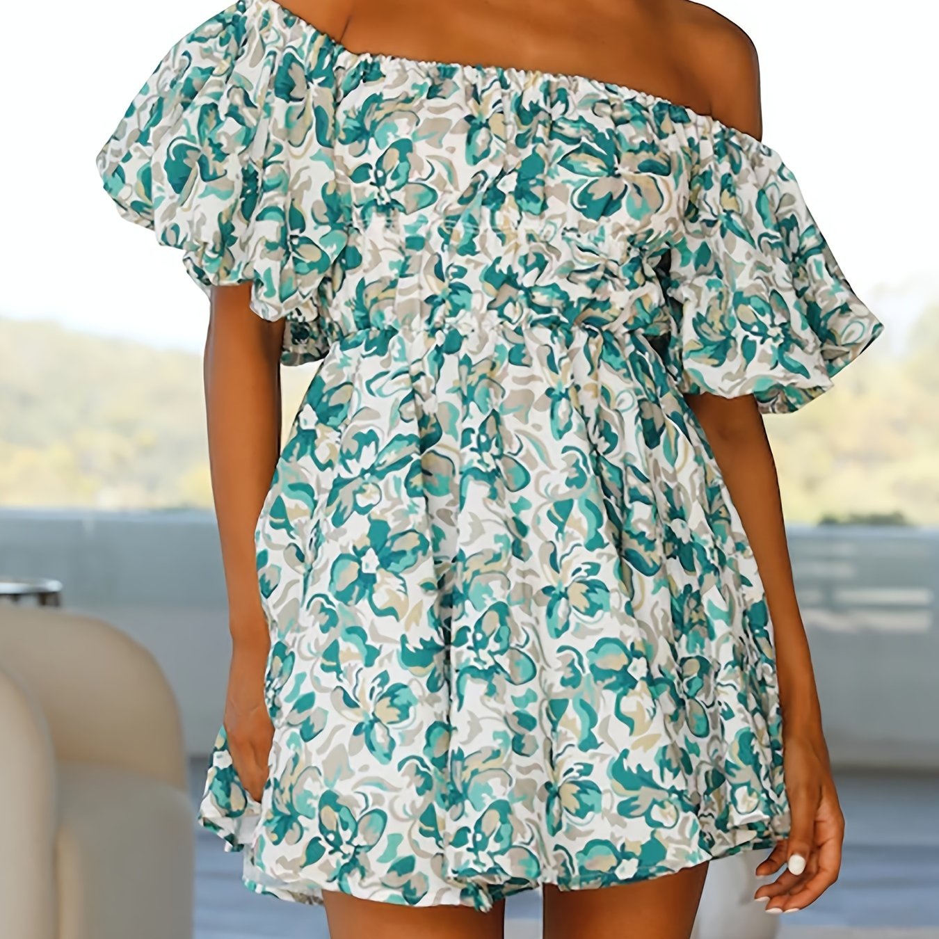 Floral Puff Sleeve Dress Off Shoulder Summer Casual