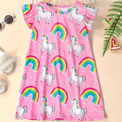 Toddler Girls Rainbow Unicorn Ruffle Trim Dress