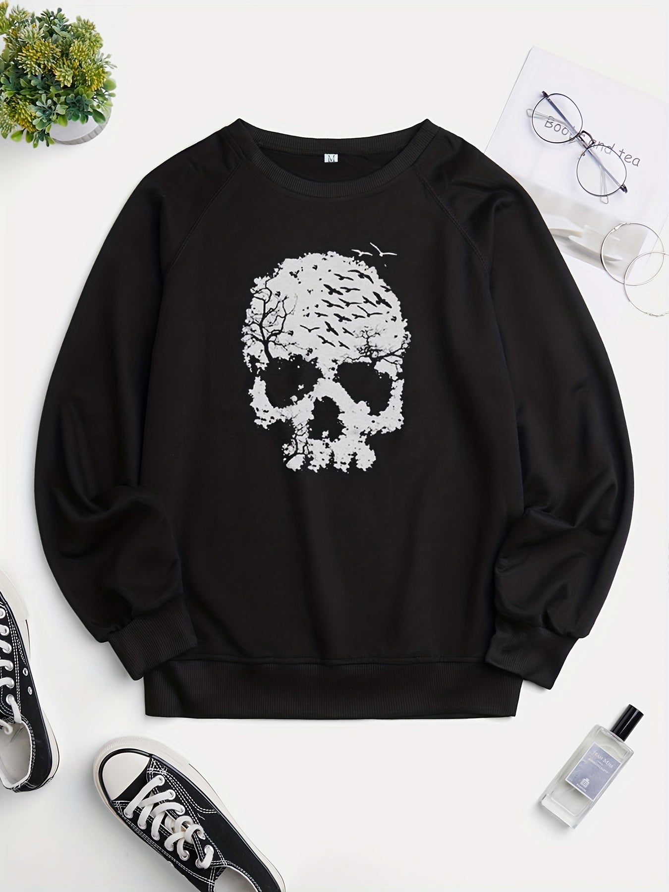 Skull Print Crew Neck Sweatshirt for Women
