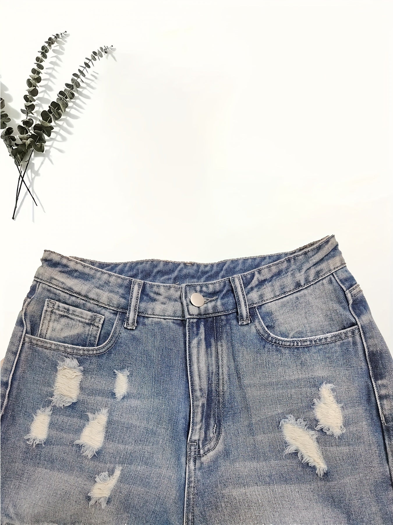 Leopard Print Patchwork Straight Jeans Ripped Holes Non Stretch Denim Pants