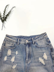 Leopard Print Patchwork Straight Jeans Ripped Holes Non Stretch Denim Pants