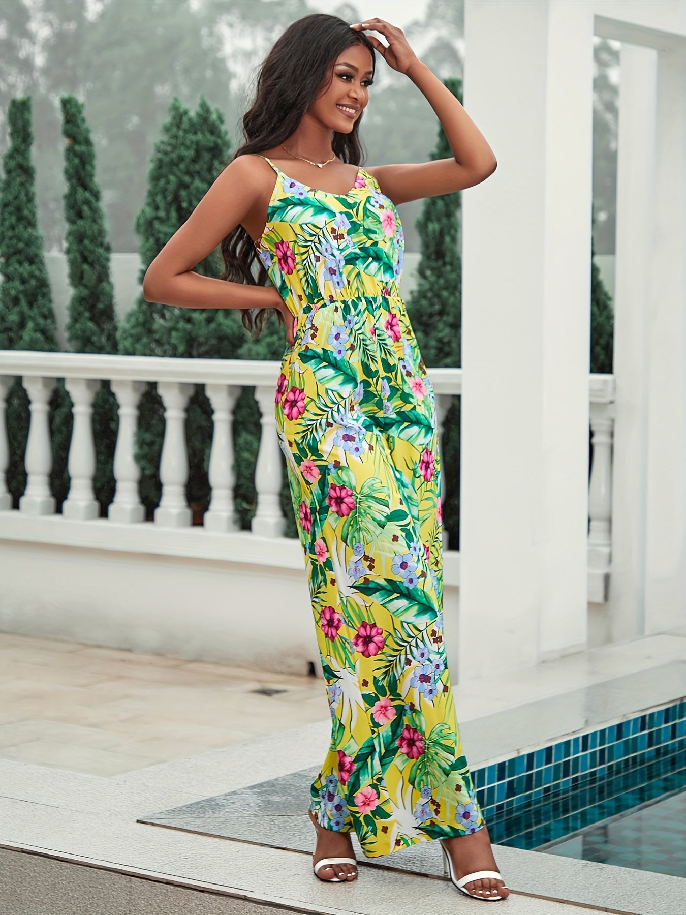 Floral Print Cami Jumpsuit Vacation Wide Leg Sleeveless V Neck Jumpsuit