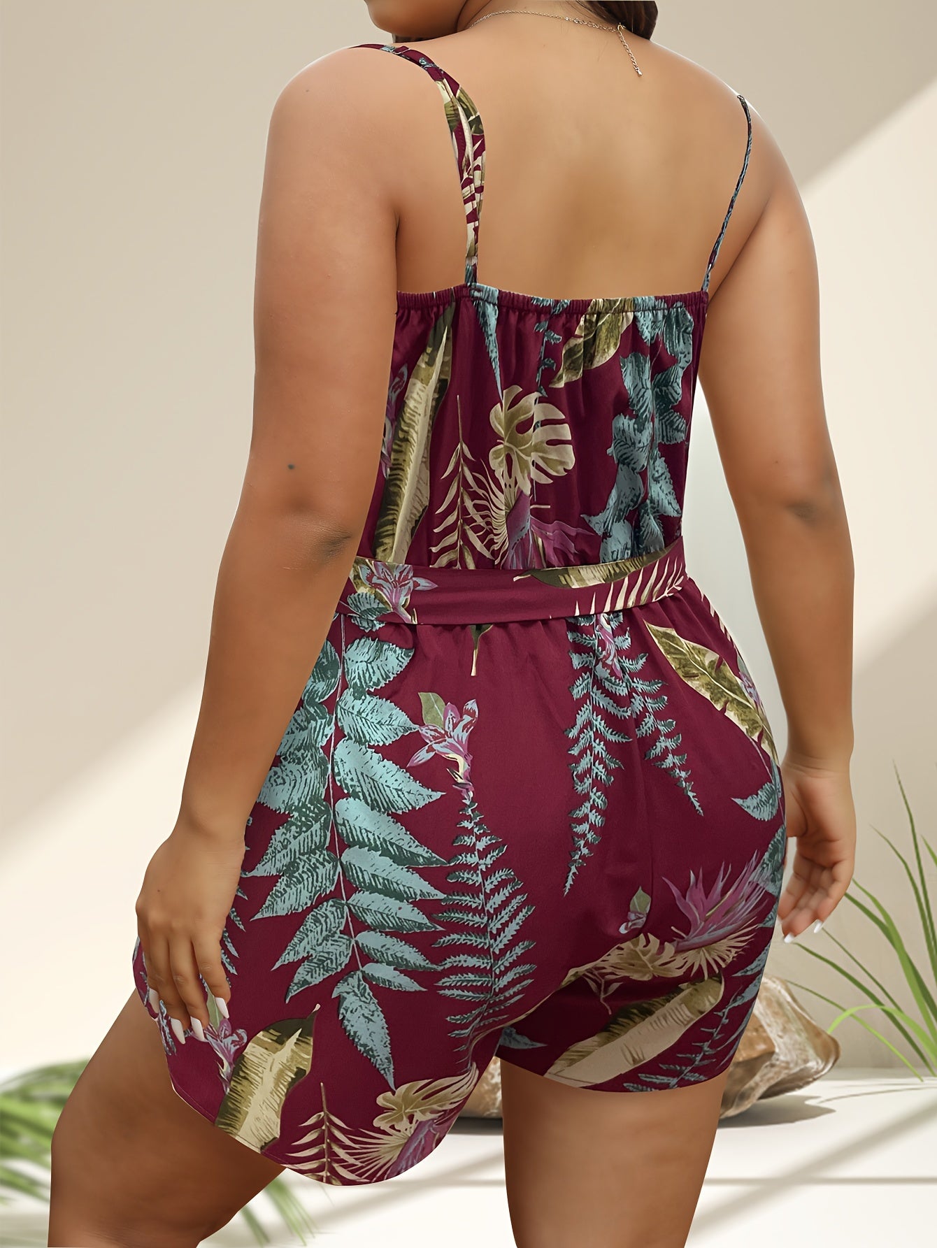 Plus Leaf & Feather Print Surplice Neck Romper With Belt