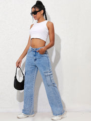 Flap Pockets Cargo Pants High Waist Straight Jeans