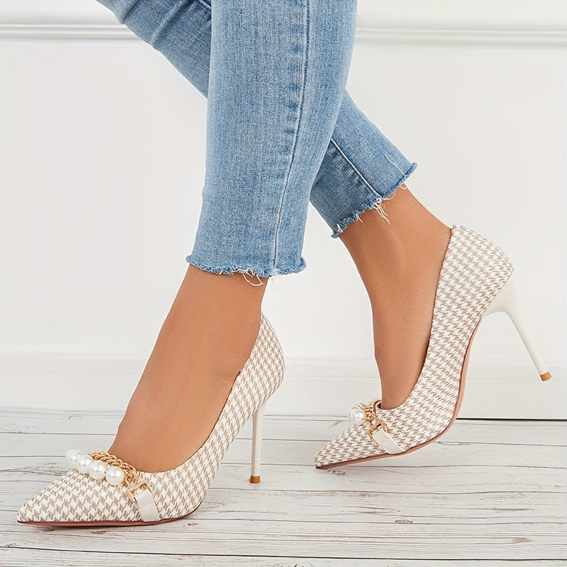 Houndstooth High Heels Faux Pearl Chain Pointed Toe Stiletto Heels