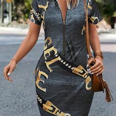 V Neck Zipper Print Slim Dress Casual Short Sleeve Waist Summer Bodycon Dresses