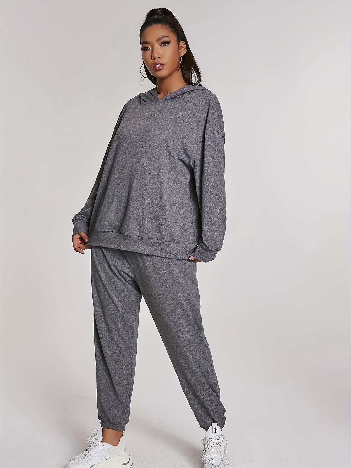 Hooded Sweatshirt & Joggers Set Solid Long Sleeve Outfits
