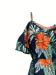 Tropical Print Romper Jumpsuit Cold Shoulder Beach Wear