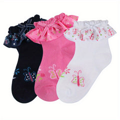 Girls Floral Ruffle Trim Short Crew Socks - Comfortable Princess Socks
