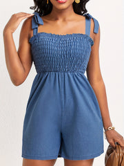 Solid Sleeveless Lace Up Ruched Romper