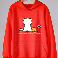 Girls Cat Print Hoodies Comfy Hooded Pullover With Pocket