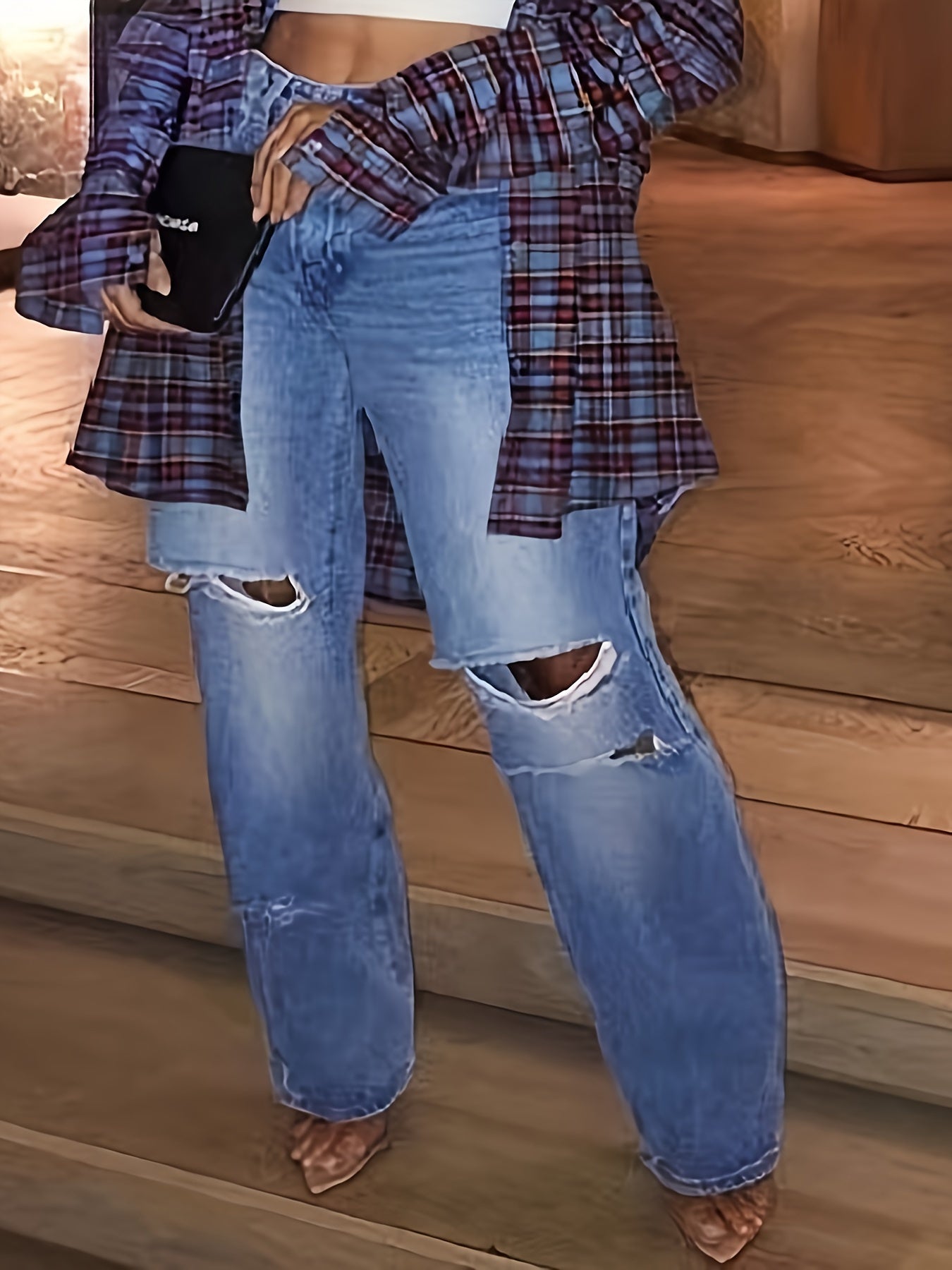 Ripped Button Fly Straight Leg Washed Jeans