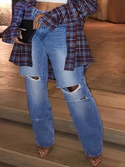 Ripped Button Fly Straight Leg Washed Jeans