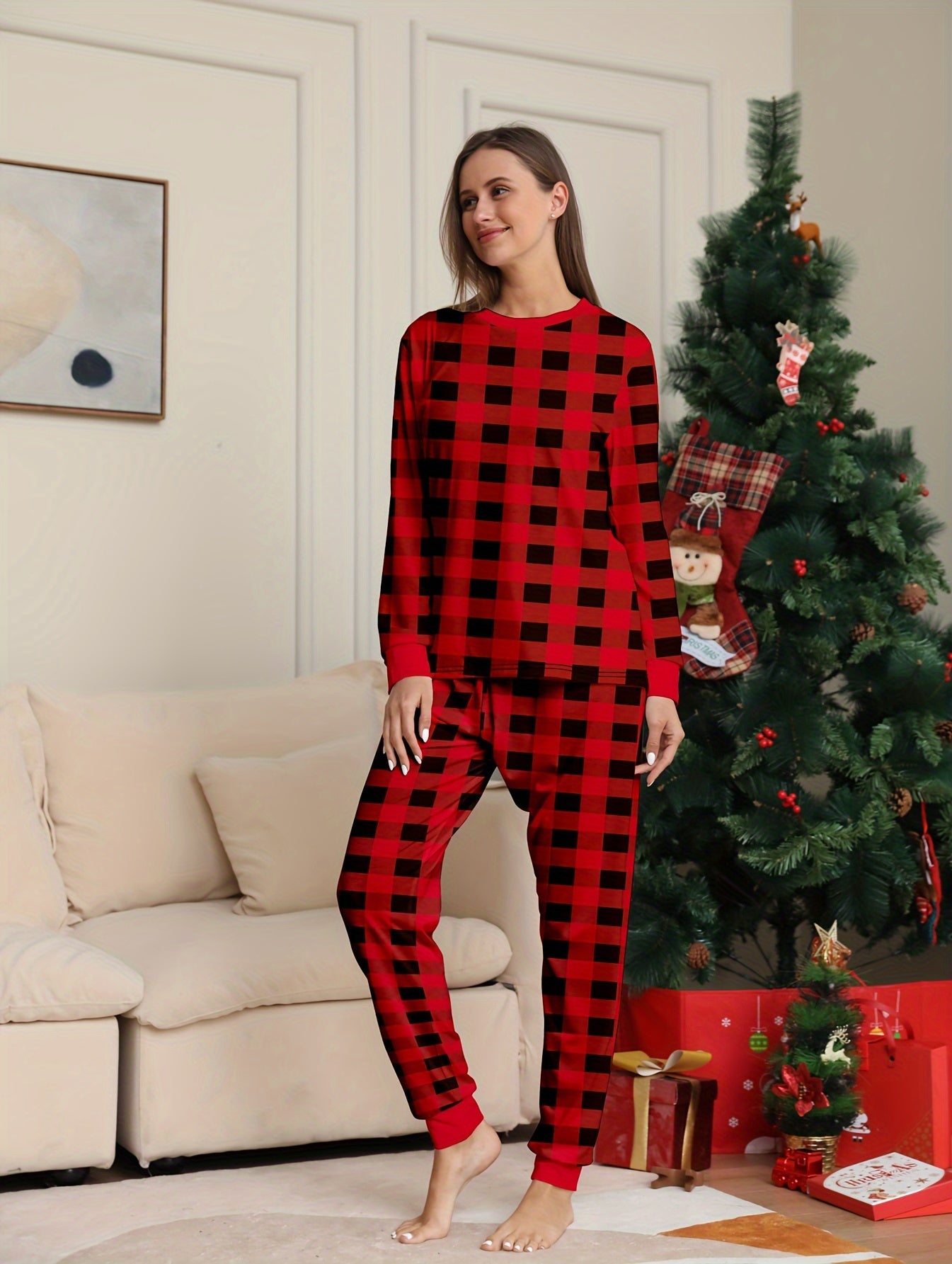 Plaid Print Christmas Pajama Set Long Sleeve Top & Pants Women's Sleepwear