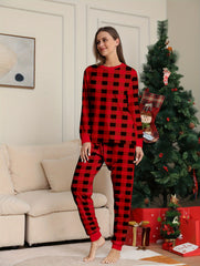 Plaid Print Christmas Pajama Set Long Sleeve Top & Pants Women's Sleepwear