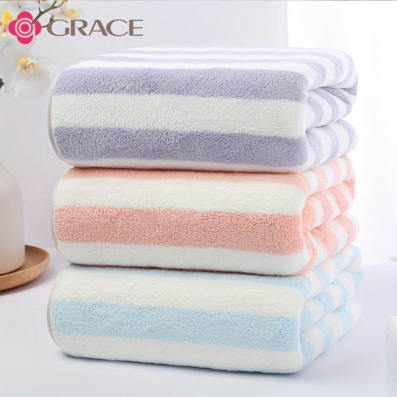 3pcs Striped Pattern Towel Set Absorbent Bath Hand Face Towel Hair Drying Cap
