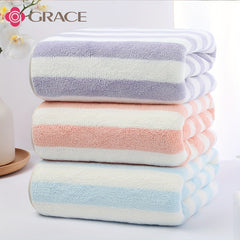 3pcs Striped Pattern Towel Set Absorbent Bath Hand Face Towel Hair Drying Cap