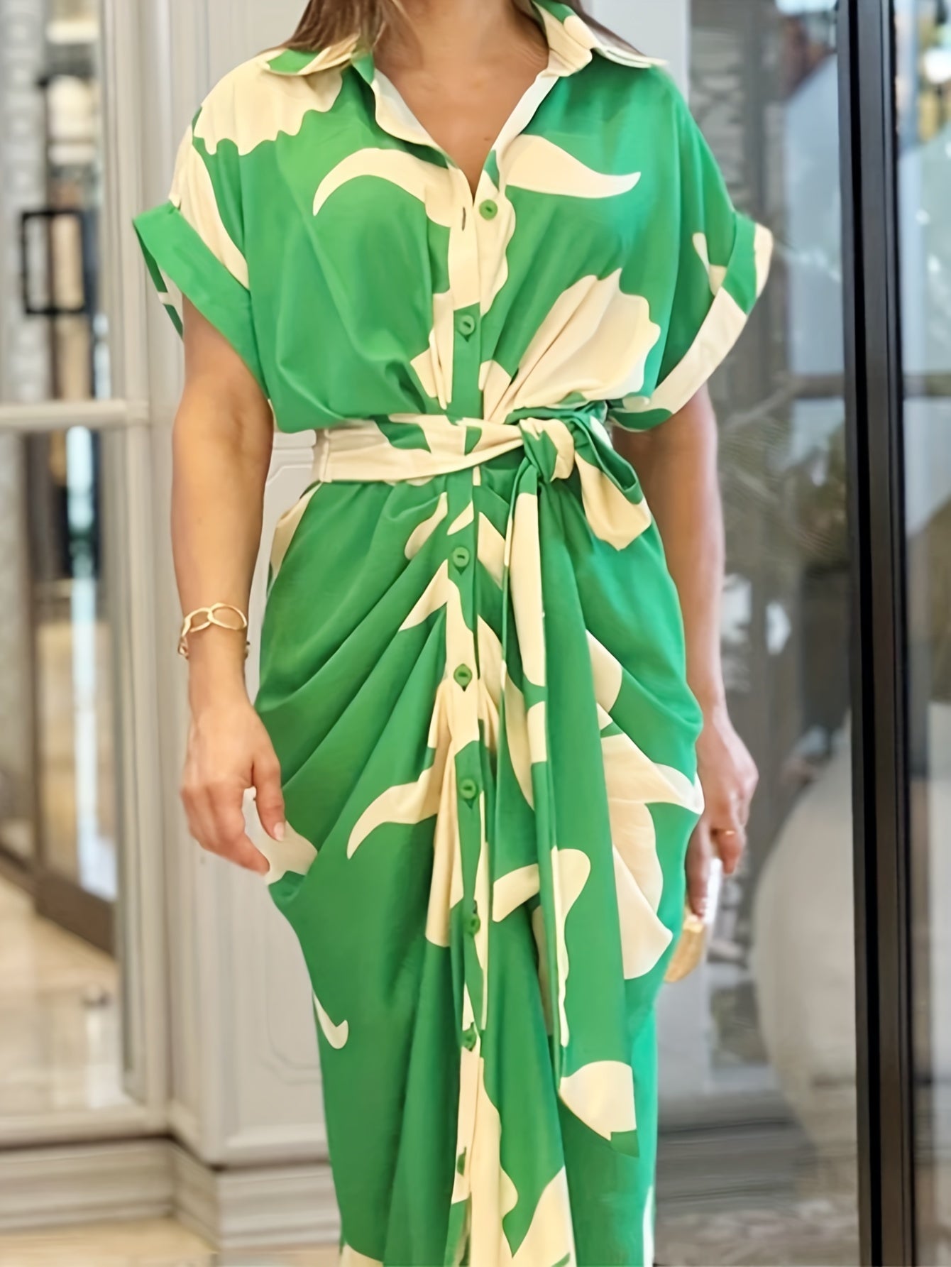 Print Maxi Dress Button Up Lapel Collar Belted Ruched Batwing Sleeve