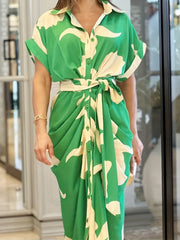 Print Maxi Dress Button Up Lapel Collar Belted Ruched Batwing Sleeve