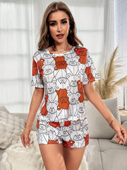 Bear Print Pajama Set Short Sleeve Crew Neck Top & Shorts