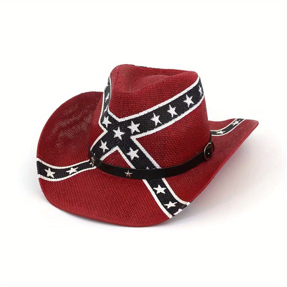 Vintage Flag Cowboy Hat Classic Western Style Sun Hat Unisex Straw Cowgirl Hat