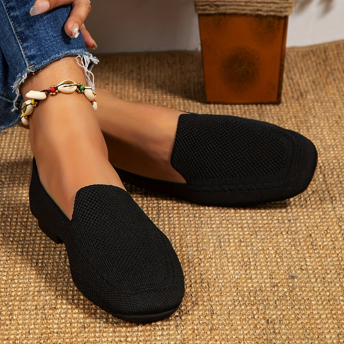 Women's Knitted Flat Shoes Comfy Square Toe Slip On Casual Walking Flats