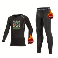 Kids Compression Fleece Sets Beach Pattern Pullover & Pants