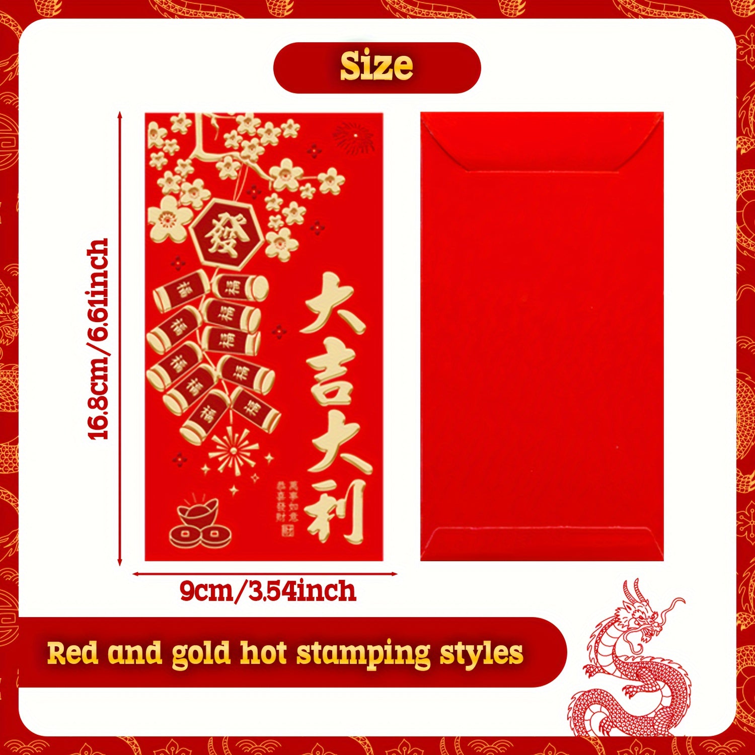6pcs Red Envelopes 3D Embossing Year Packet Golden Lucky Money Pockets