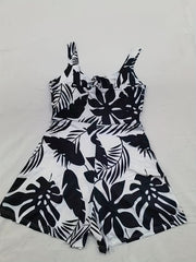 Leaf Print V Neck Cut Out Romper Jumpsuit