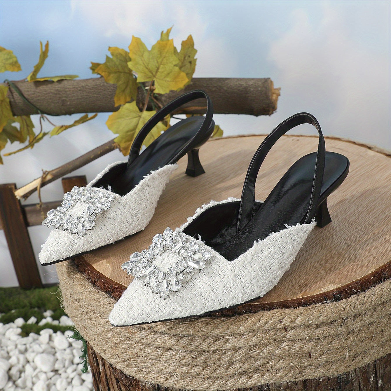 Tweed Kitten Heels Pointed Toe Slingback Dress Sandals