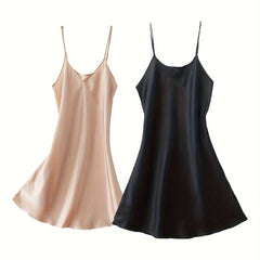 2pcs Solid Satin Slip Lounge Dresses Sleeveless Spaghetti Strap Home Dress