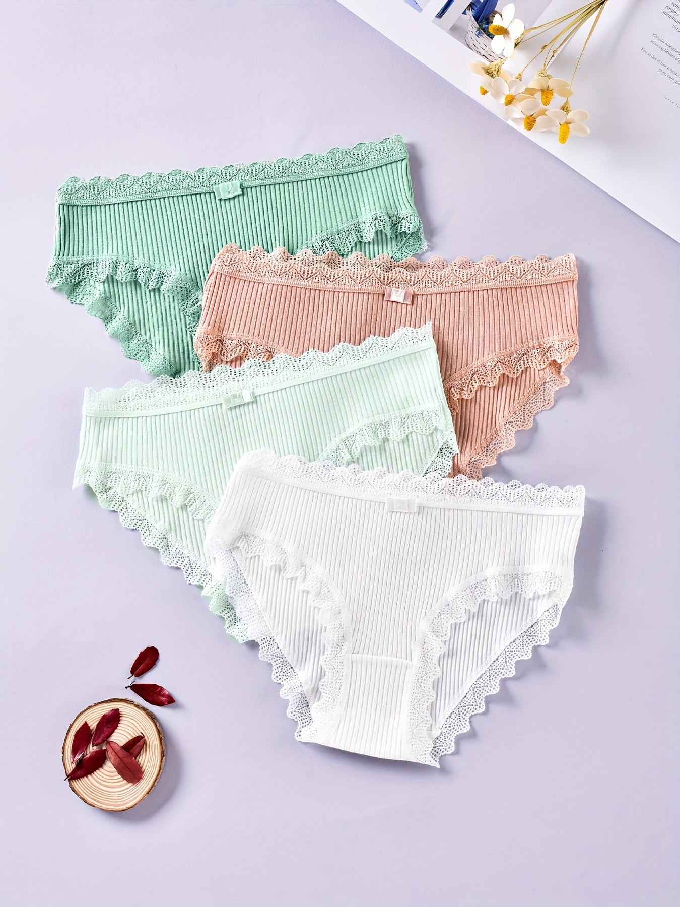 4pcs Lace Trim Ribbed Briefs Stretchy Intimates Panties