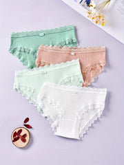 4pcs Lace Trim Ribbed Briefs Stretchy Intimates Panties