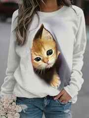 Cat Print Pullover Sweatshirt Long Sleeve Crew Neck Sweatshirt