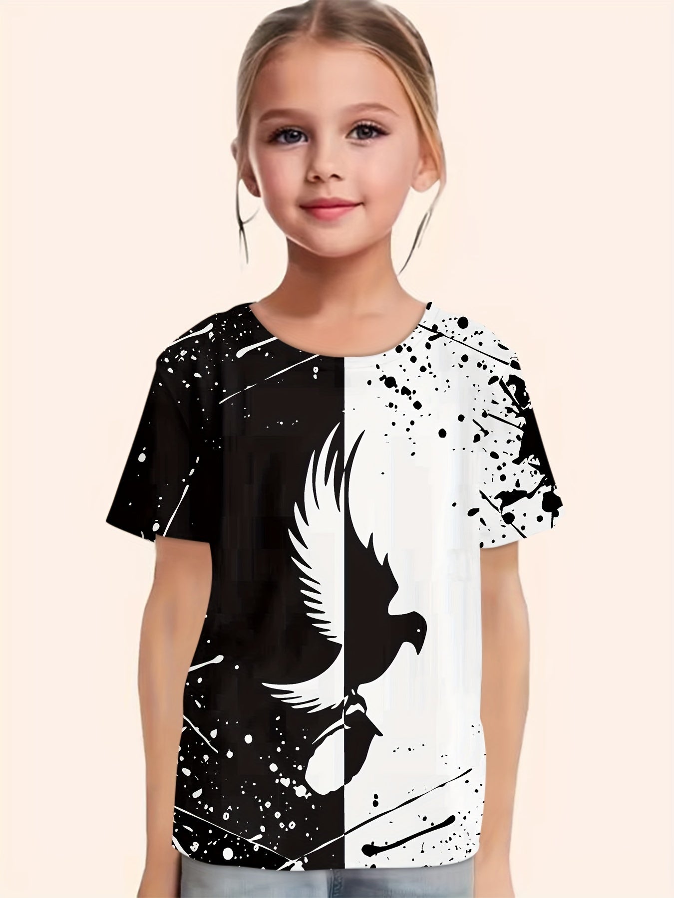 Girls Flying Eagle Print Short Sleeve T shirt Comfy Tees Pullover