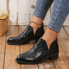 Women's Leather Slip On Chunky Heel Brogue Shoes
