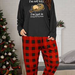 Cartoon Print Long Sleeve Tee & Plaid Pants Pajamas Set