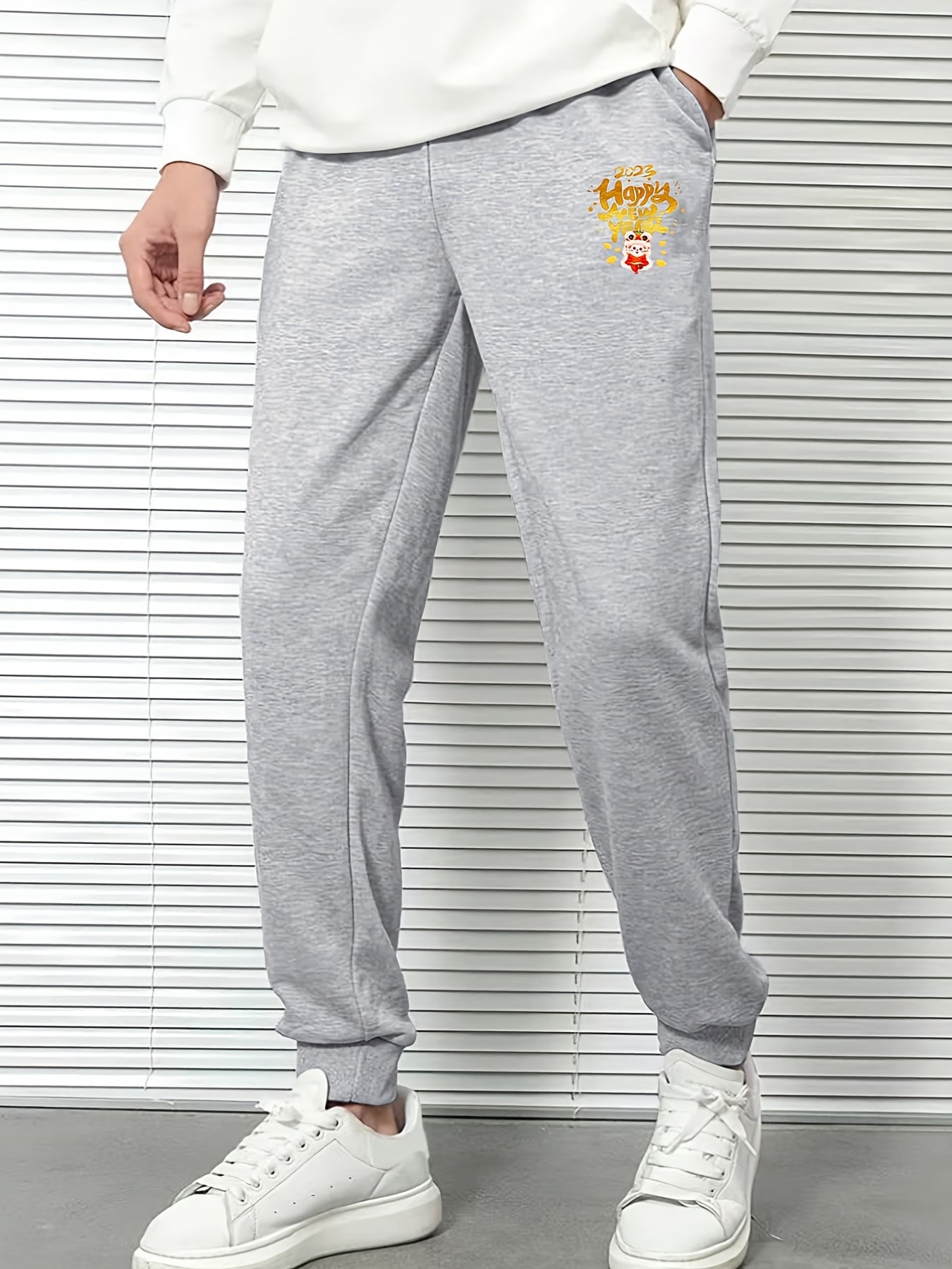 Men's Casual Rabbit Happy Year Print Drawstrings Sweatpants