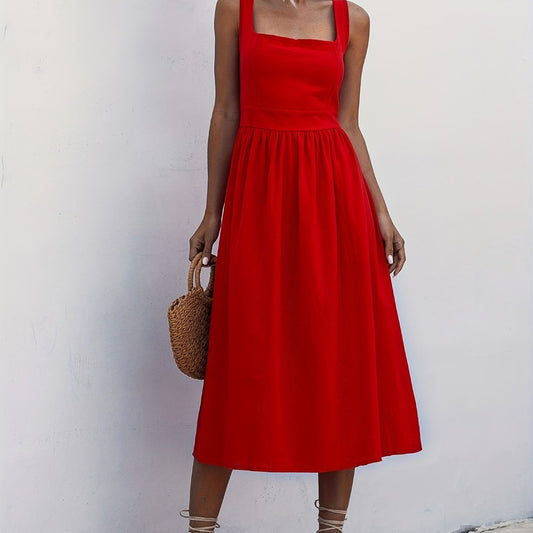 Women Solid Midi Long Dress Backless Slip Square Collar Ruched Party
