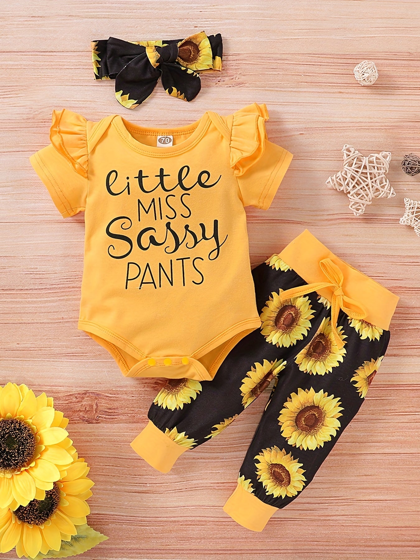 3pcs Little Miss Print Romper Sunflower Pants Set for Baby Girls