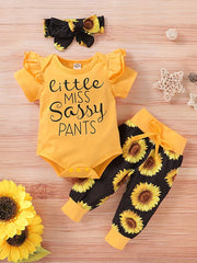 3pcs Little Miss Print Romper Sunflower Pants Set for Baby Girls