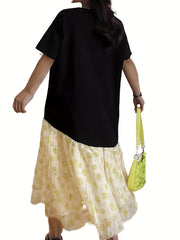 Colorblock Mesh Layered Round Neck Dress