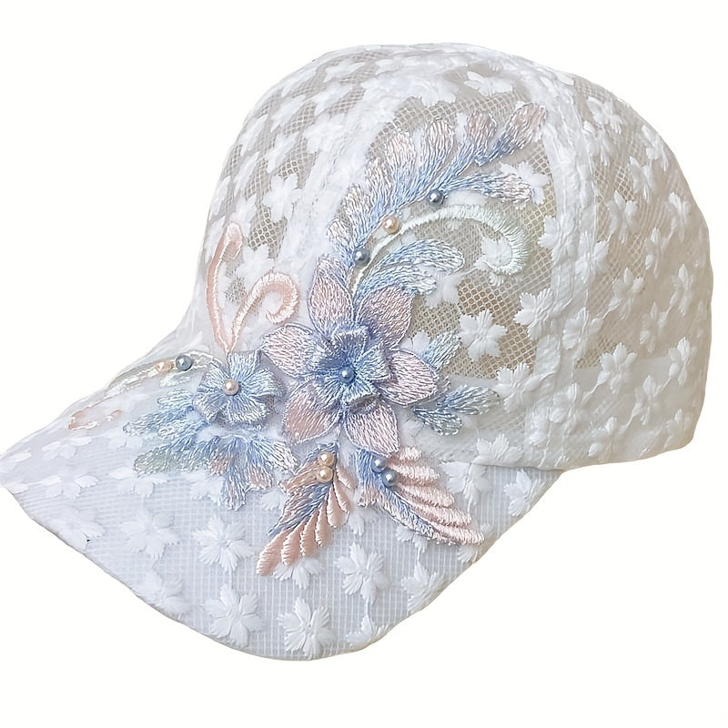 Flower Embroidery Baseball Cap Faux Pearl Decor Sports Hats