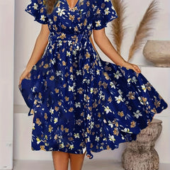 Floral Print V Neck Dress Knot Pleated Short Sleeve Dress