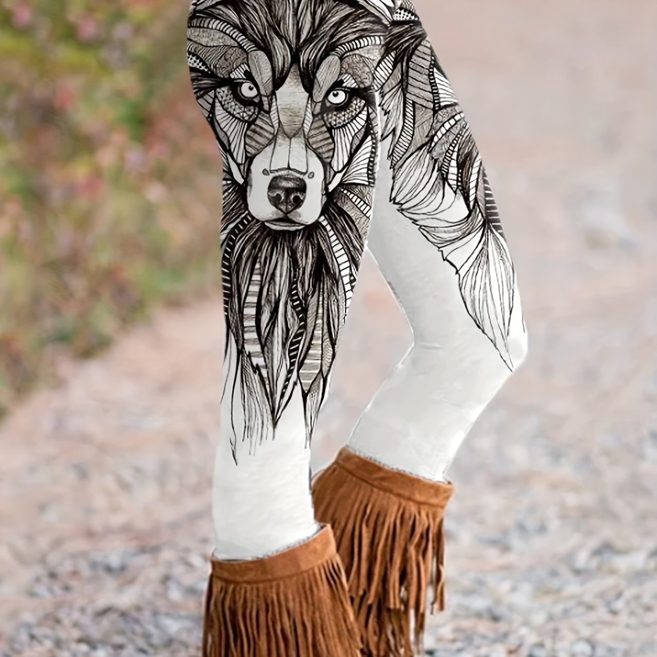 Women's Tribal Wolf Print High Rise Leggings