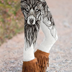 Women's Tribal Wolf Print High Rise Leggings