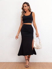 Solid Two Piece Set Tank Top & Split Thigh Skirts Outfit Women's Clothing