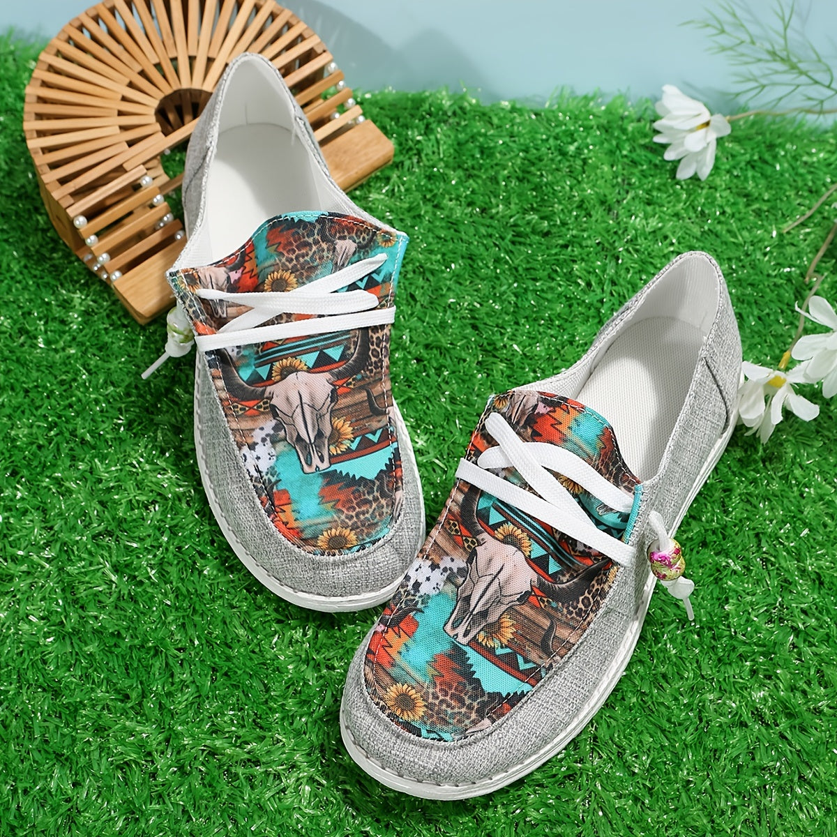 Women's Printed Low Top Flat Shoes Lace Up Sport Shoes
