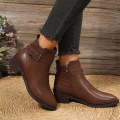 Women's Chunky Heel Ankle Boots Dark Brown Metal Buckle Short Boots